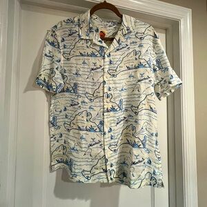 Men’s short sleeve button collar summer linen shirt white Martha Vineyard print